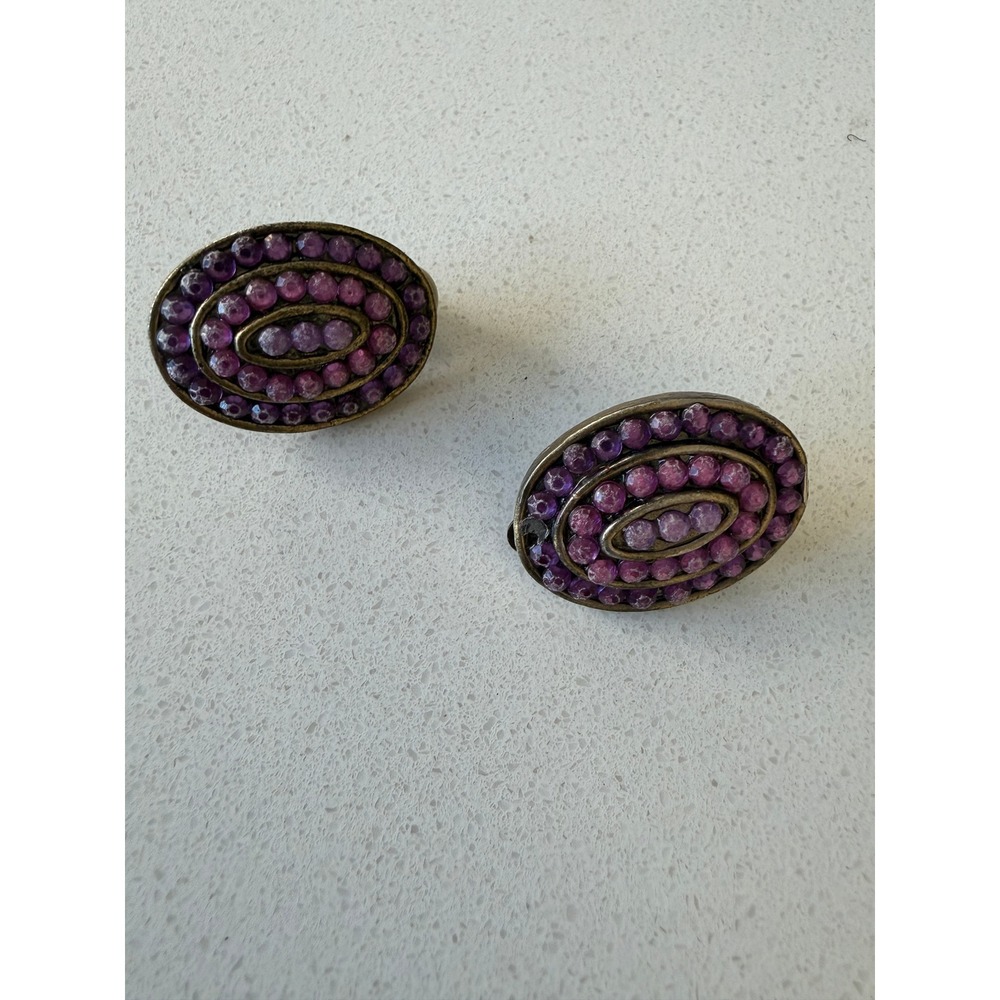 Vintage Style Purple‎ Beaded Oval Clip On Earrings Antique Bronze Tone Statement
